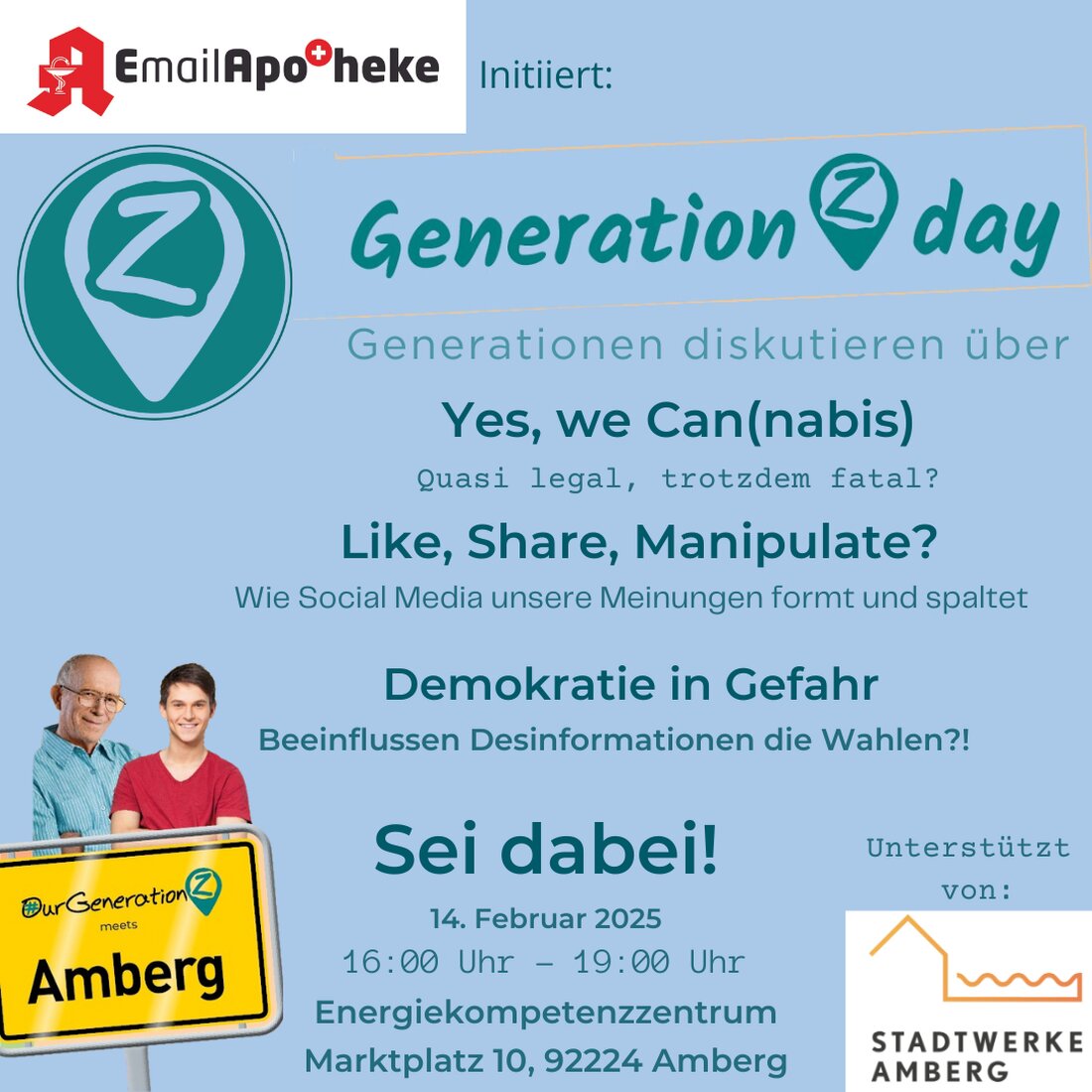 Amberg. Am 14. Februar lädt die Email Apotheke Amberg unter der Schirmherrschaft von Ambergs Oberbürgermeister Michael Cerny zum ersten "GenerationZday" ein. Die Veranstaltung findet im Energiekompetenzzentrum Amberg statt und beschäftigt sich mit aktuellen Themen wie Social Media, Demokratie – eine Woche vor der Bundestagswahl – und Cannabis.