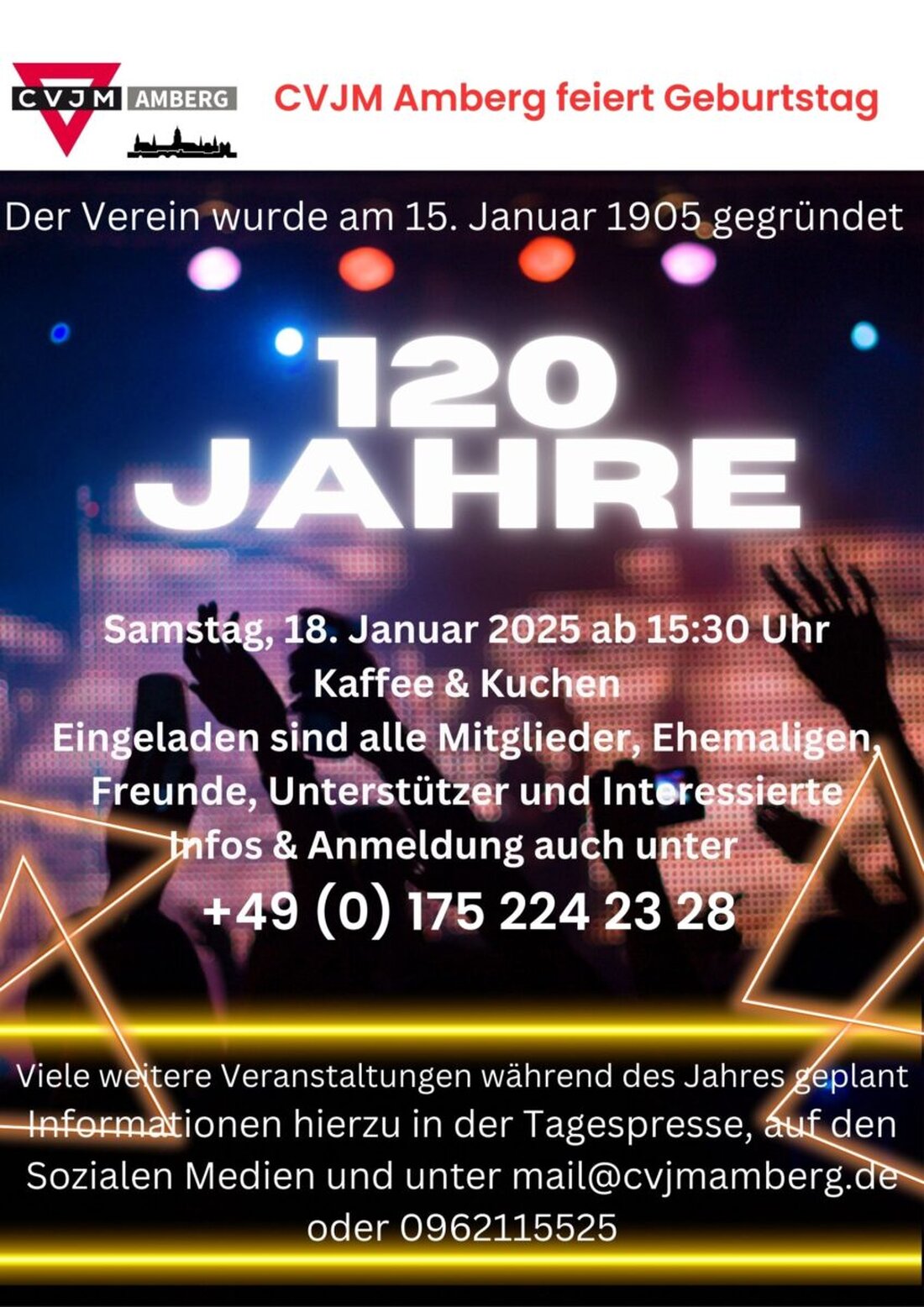 Amberg. Der CVJM Amberg, gegründet am 15. Januar 1905, feiert am 18. Januar 2025 sein 120-jähriges Bestehen mit einem Fest und bittet um Kuchenspenden.