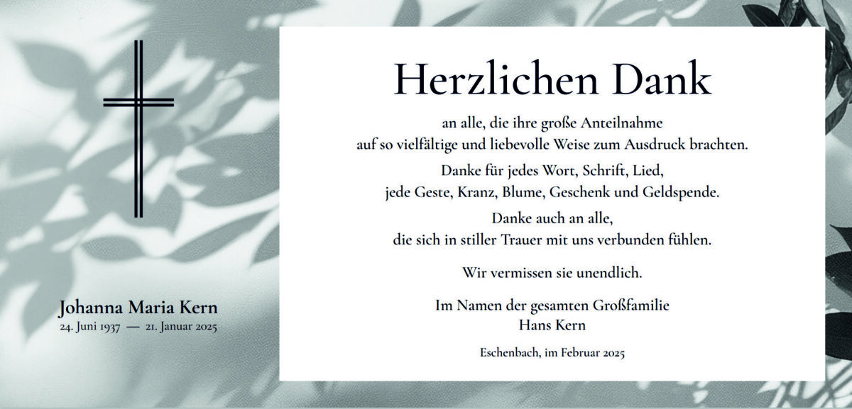 Danksagung Johanna Kern, Eschenbach für