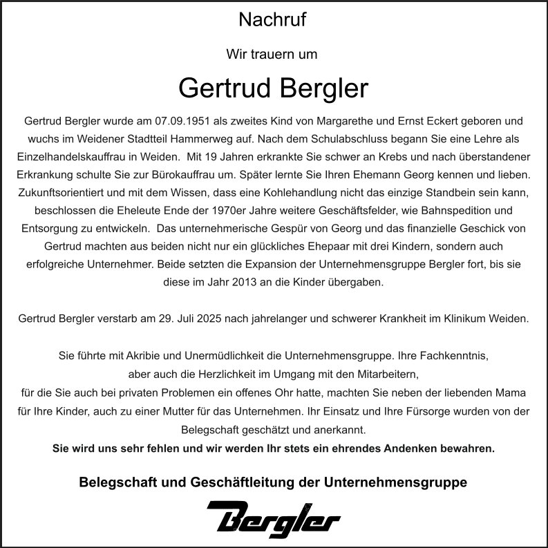 Nachruf Gertrud Bergler, Weiherhammer