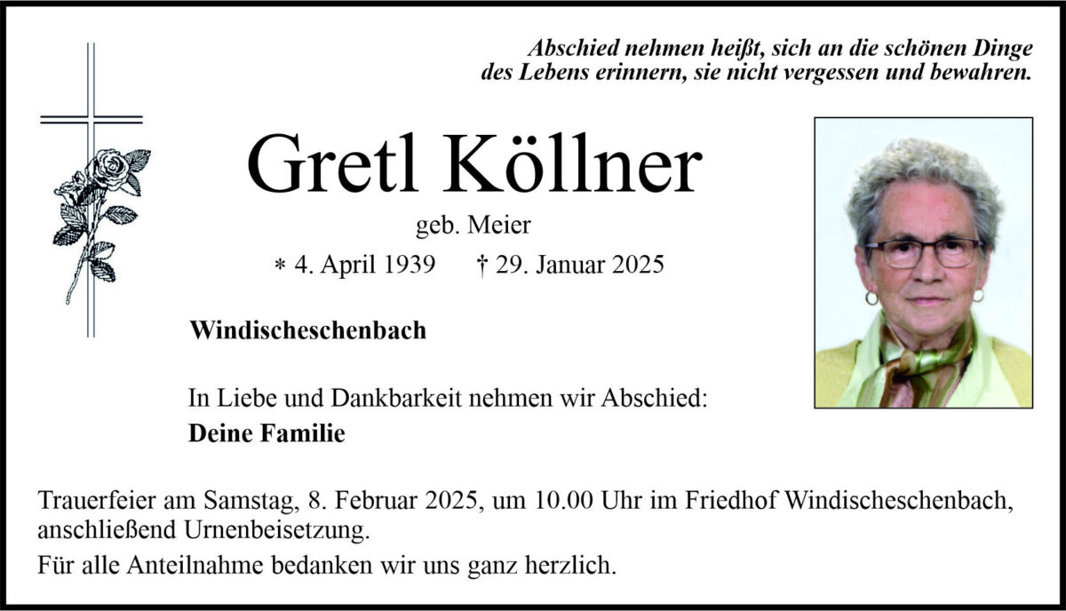 Traueranzeige Gretl Köllner, Windischeschenbach