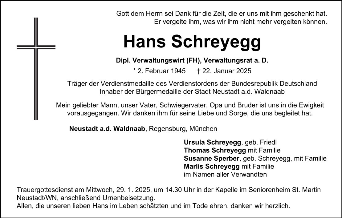 Traueranzeige Hans Schreyegg, Neustadt/WN.