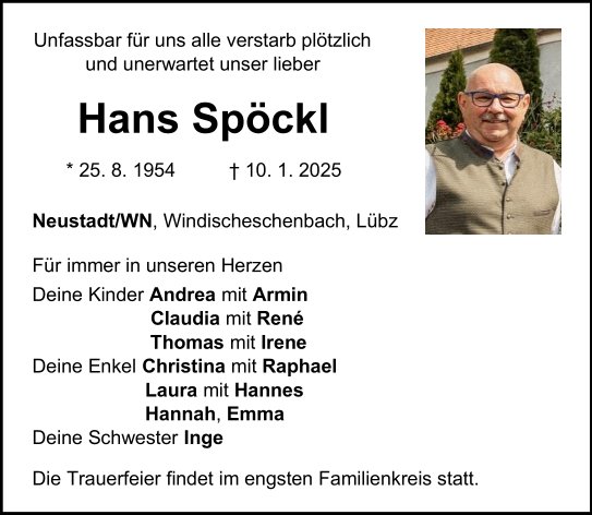 Traueranzeige Hans Spöckl, Neustadt/WN