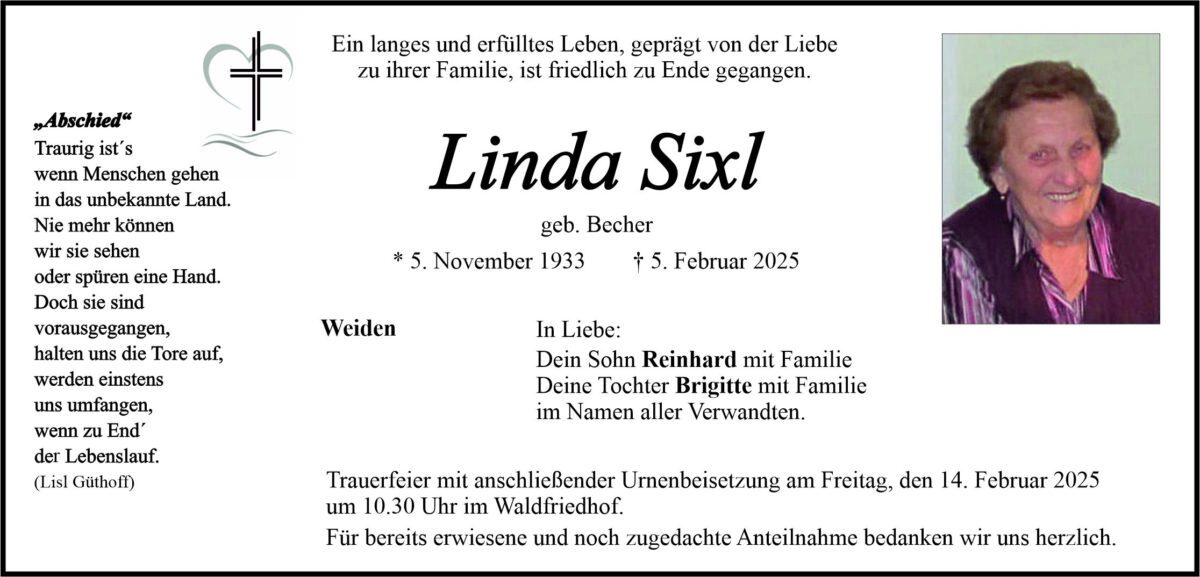 Traueranzeige Linda Sixl, Weiden