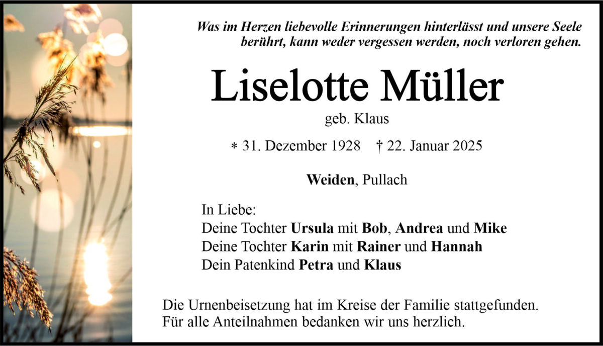 Traueranzeige Liselotte Müller aus Weiden