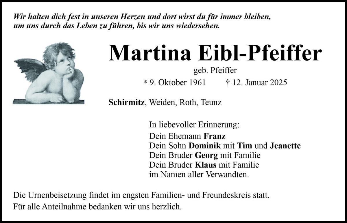 Traueranzeige Martina Eibl-Pfeiffer, Schirmitz