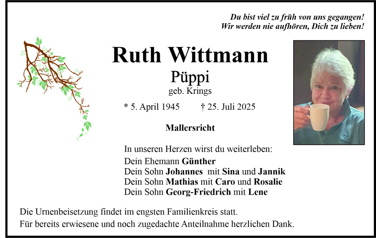 Traueranzeige Ruth Wittmann, Mallersricht